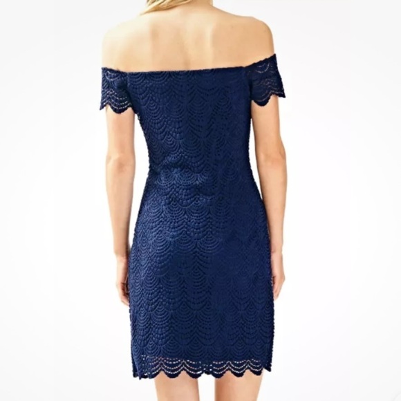 Lilly Pulitzer Jade Dress Sz L Navy Off Shoulder Lace Beach Resort Cocktail - Picture 2 of 15